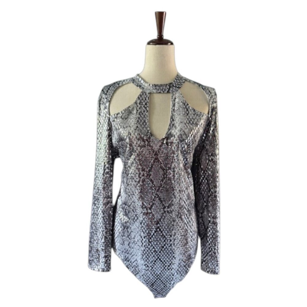 Women's Mock Neck Cut Out Bodysuit Mirrored Embellishment Snake Print 1X NWOT